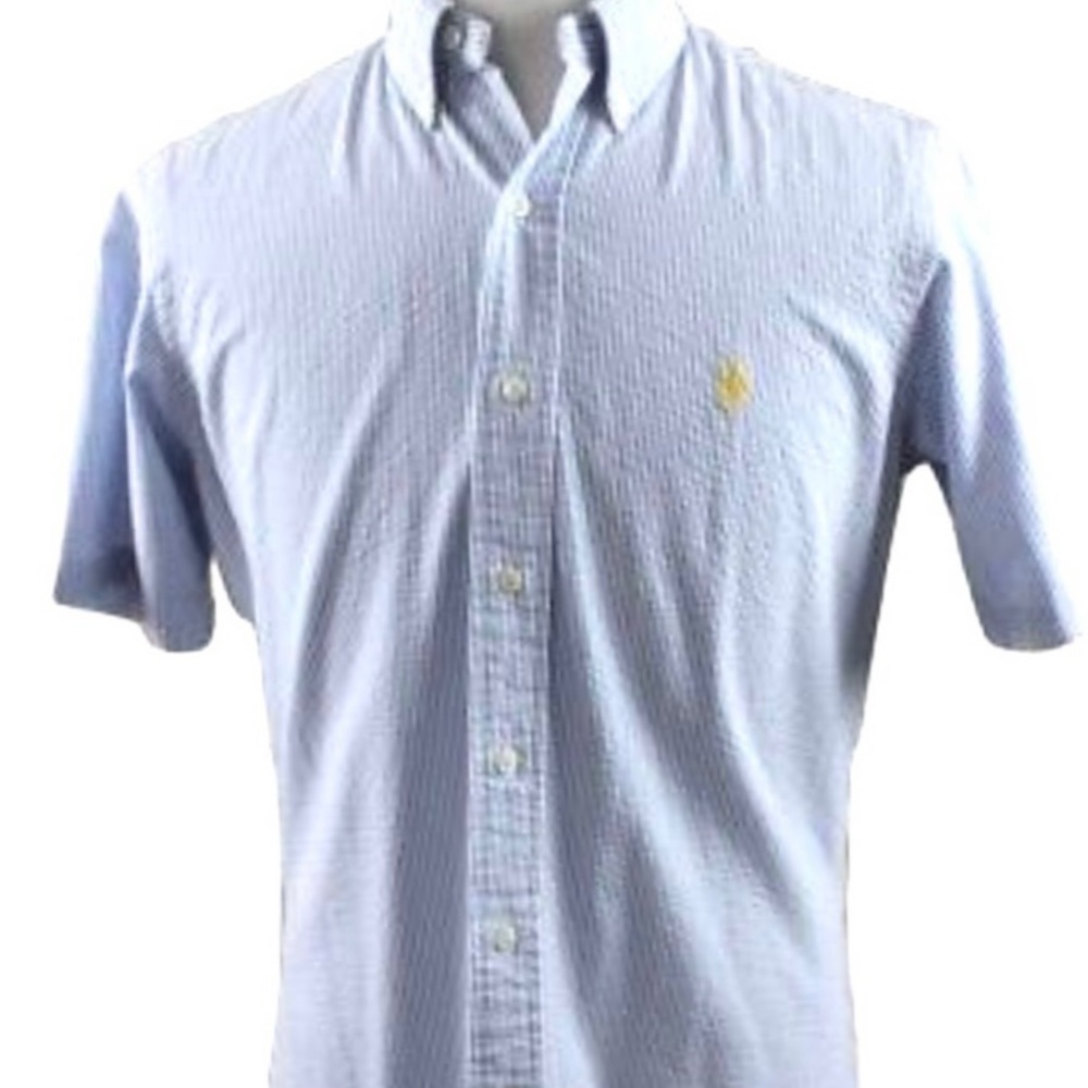 RALPH LAUREN Seersucker Short
Sleeve Button Down Shirt, blue and white